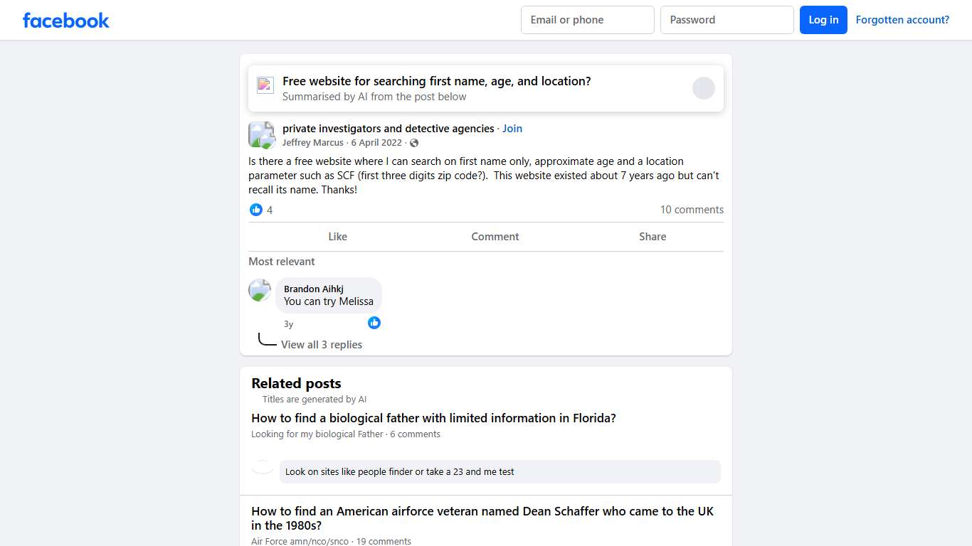 private investigators and detective agencies | Is there a free website where I can search on first name only, approximate age and a location parameter such as SCF (first three digits zip code | Facebook