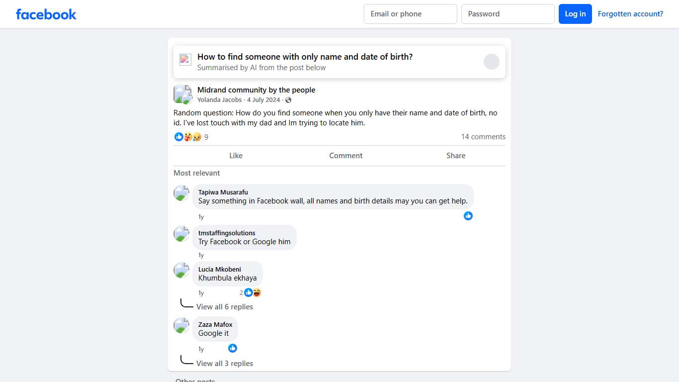 Midrand community by the people | Random question: How do you find someone when you only have their name and date of birth, no id | Facebook